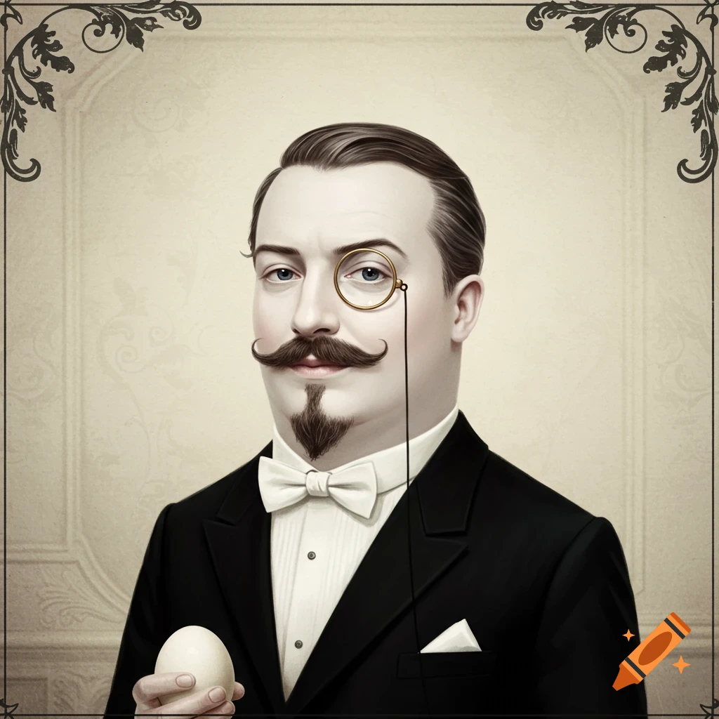 A portrait of a man in a tuxedo with a monocle and mustache, holding an egg.