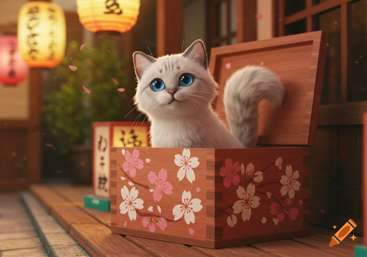 A cute anime cat sits in a wooden box decorated with cherry blossoms, with Japanese lanterns in the background.