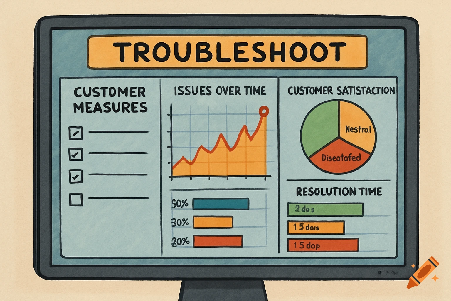 An illustration of a computer screen displaying a business dashboard with charts for customer measures, issues over time, customer satisfaction, and resolution time.