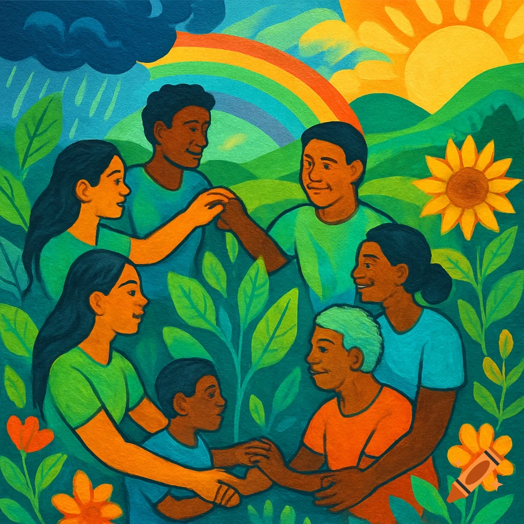 Stylized painting of diverse people holding hands surrounded by lush greenery under a sky with sun, rain, and a rainbow.