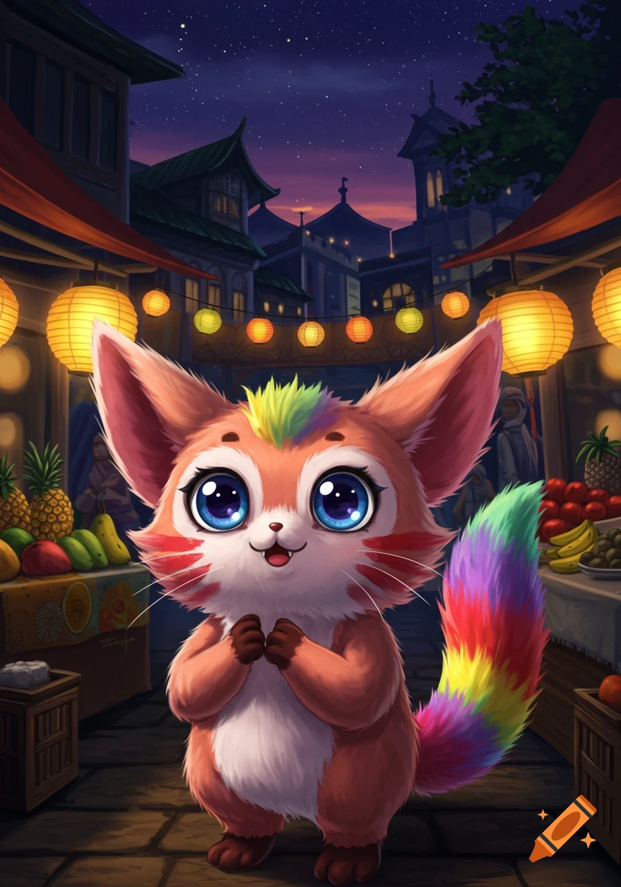 A cute fox-like fantasy creature with a rainbow tail stands in a nighttime market under lanterns.