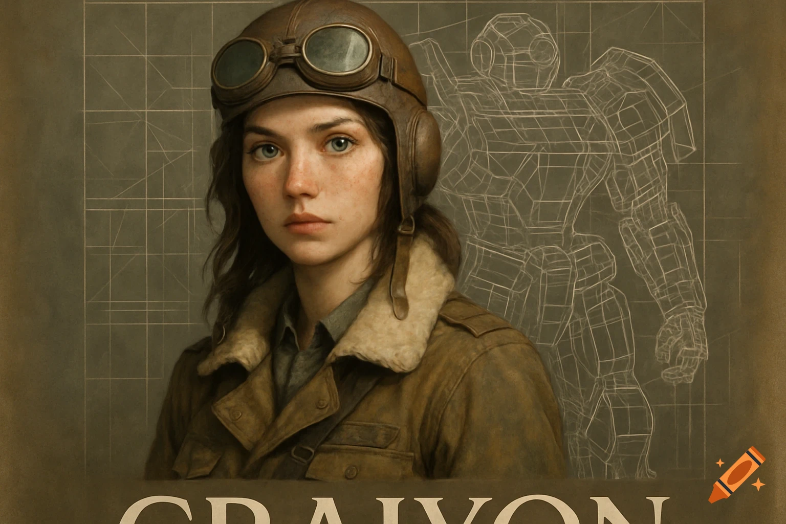 Portrait of a woman pilot with a mecha blueprint background and text 'CRAIYON'.