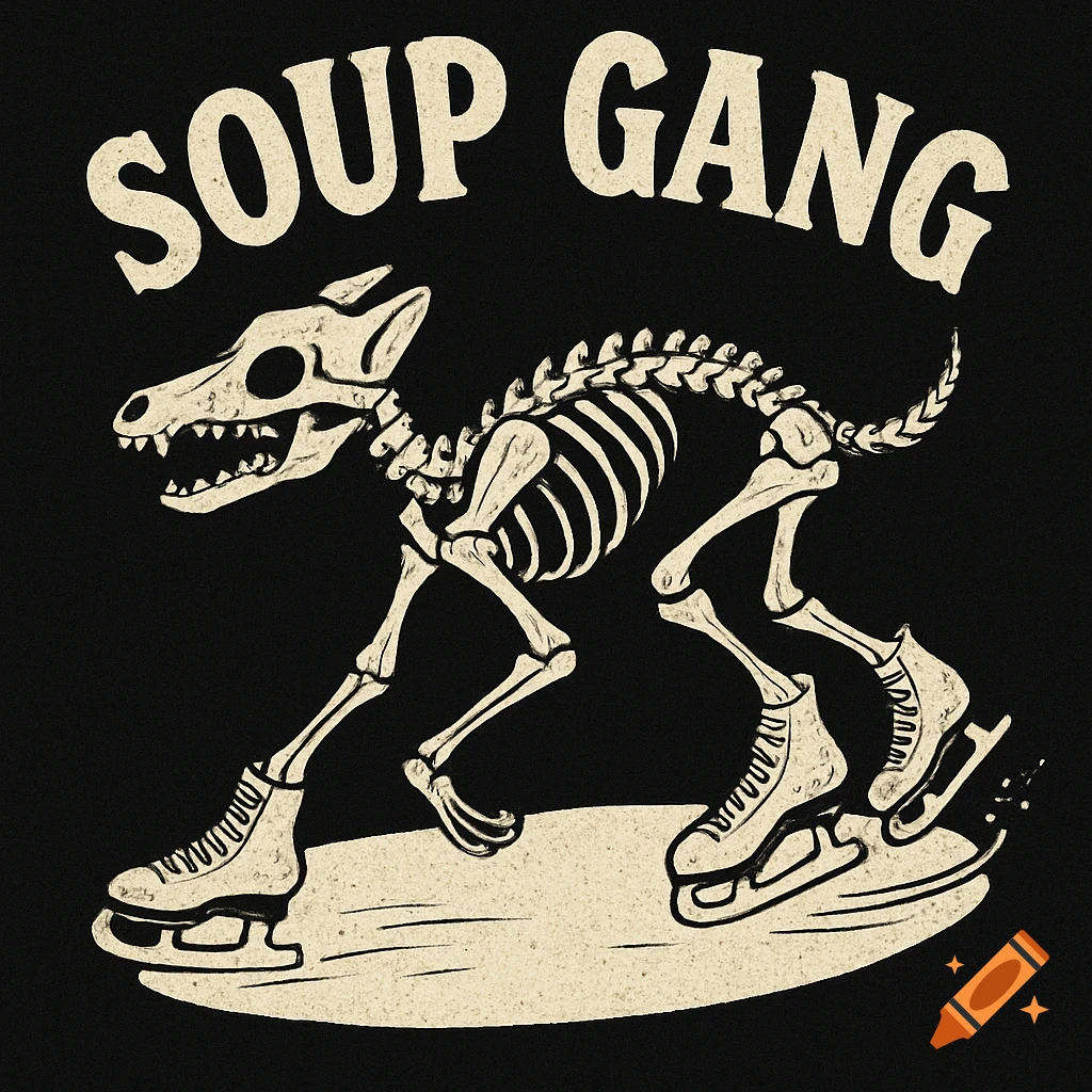 Illustration of a skeleton dog or coyote on ice skates with the words SOUP GANG above.