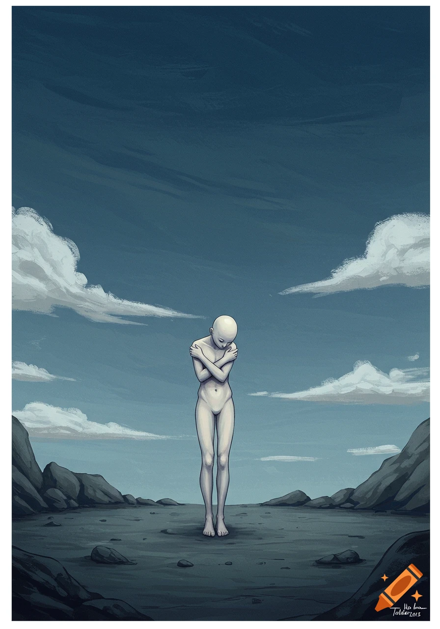 A pale, stylized figure stands nude in a barren, rocky landscape under a cloudy sky, in an illustrative style.