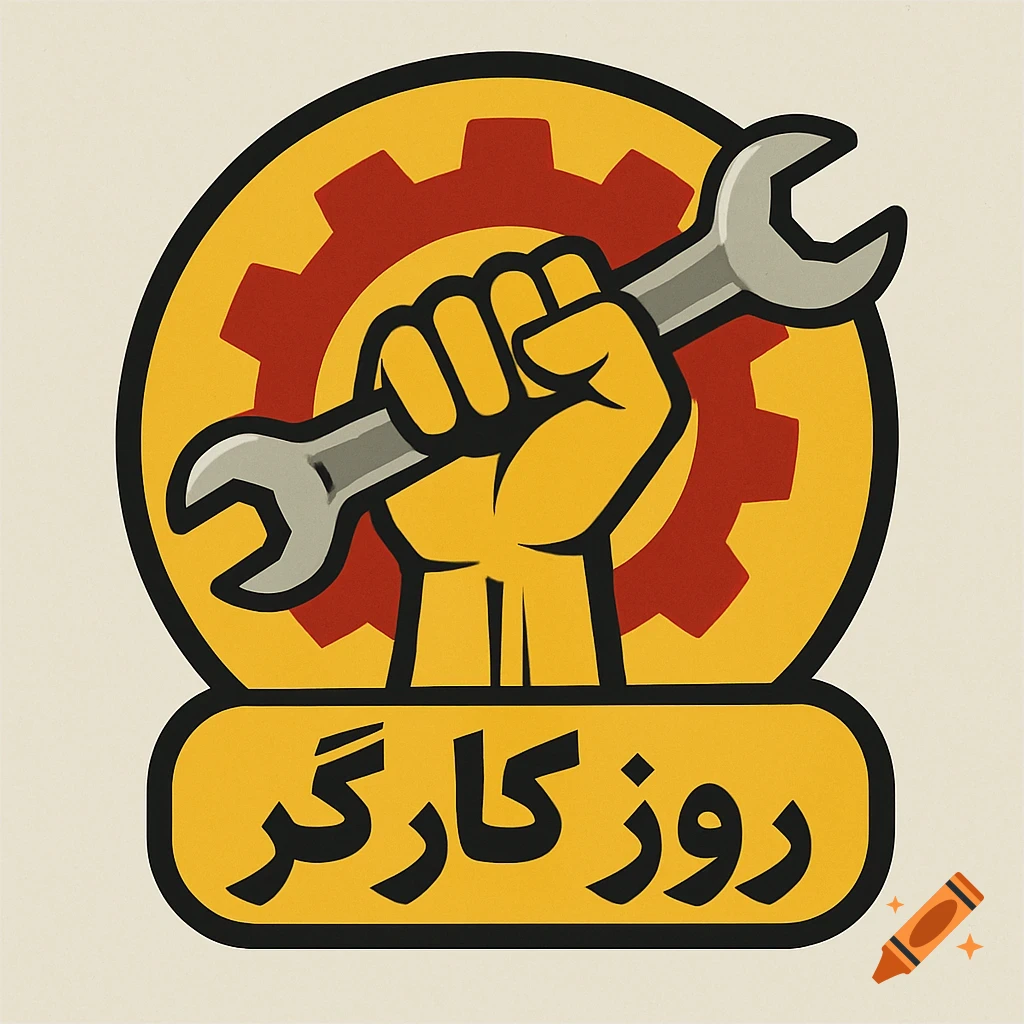 Labor Day logo illustration with hand, wrench, and gear.