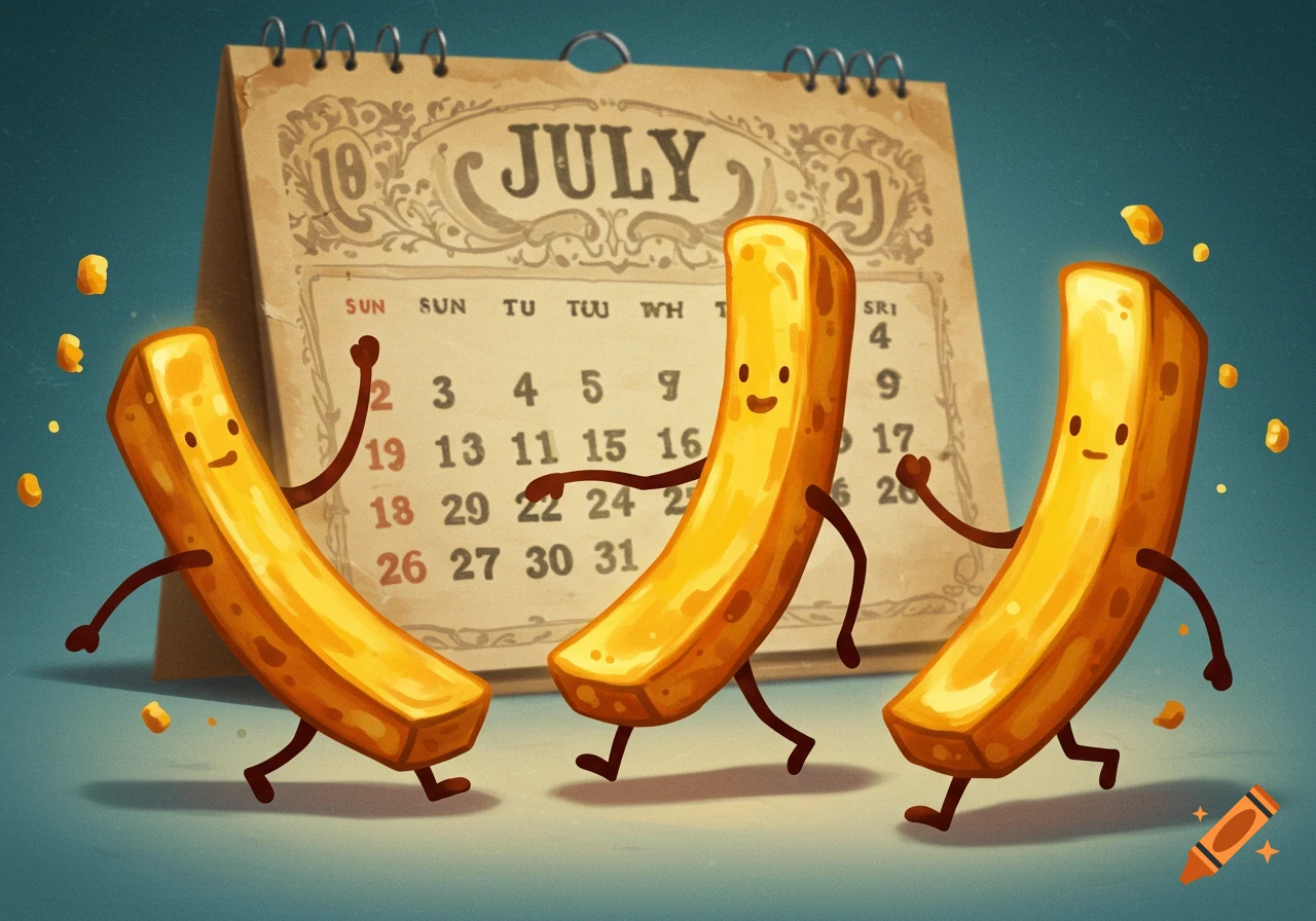 Cartoon french fries dancing in front of a calendar showing July.
