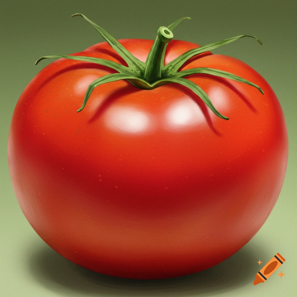 A large, ripe red tomato with green leaves on a green background.