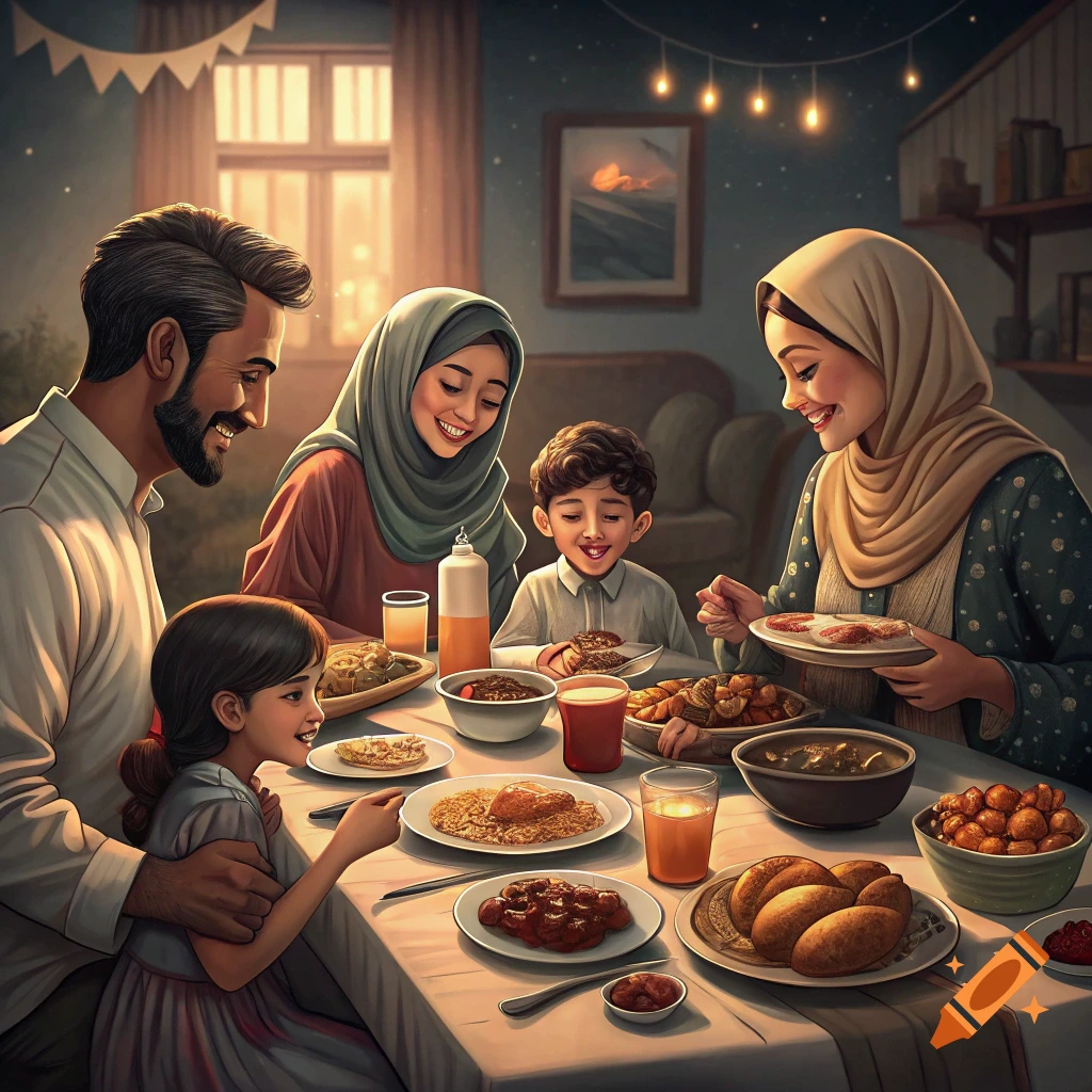 Family dining together at a table during a meal, likely Sahur.
