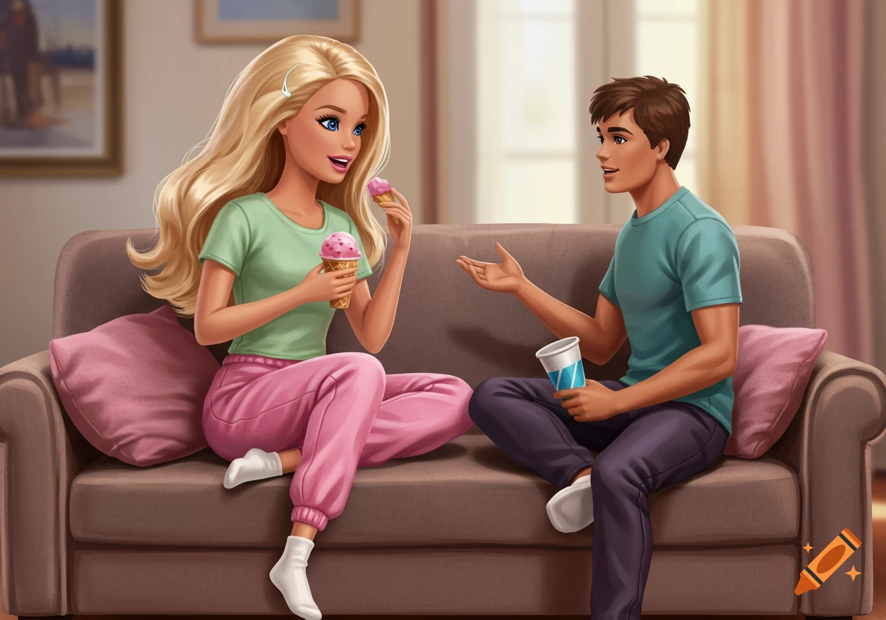 Digital art of Barbie and Ken on a couch, Barbie eats ice cream while Ken talks.