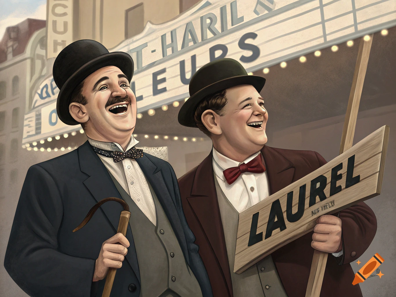 Laurel and Hardy laugh in front of a theater marquee, one holding a 'LAUREL' sign.