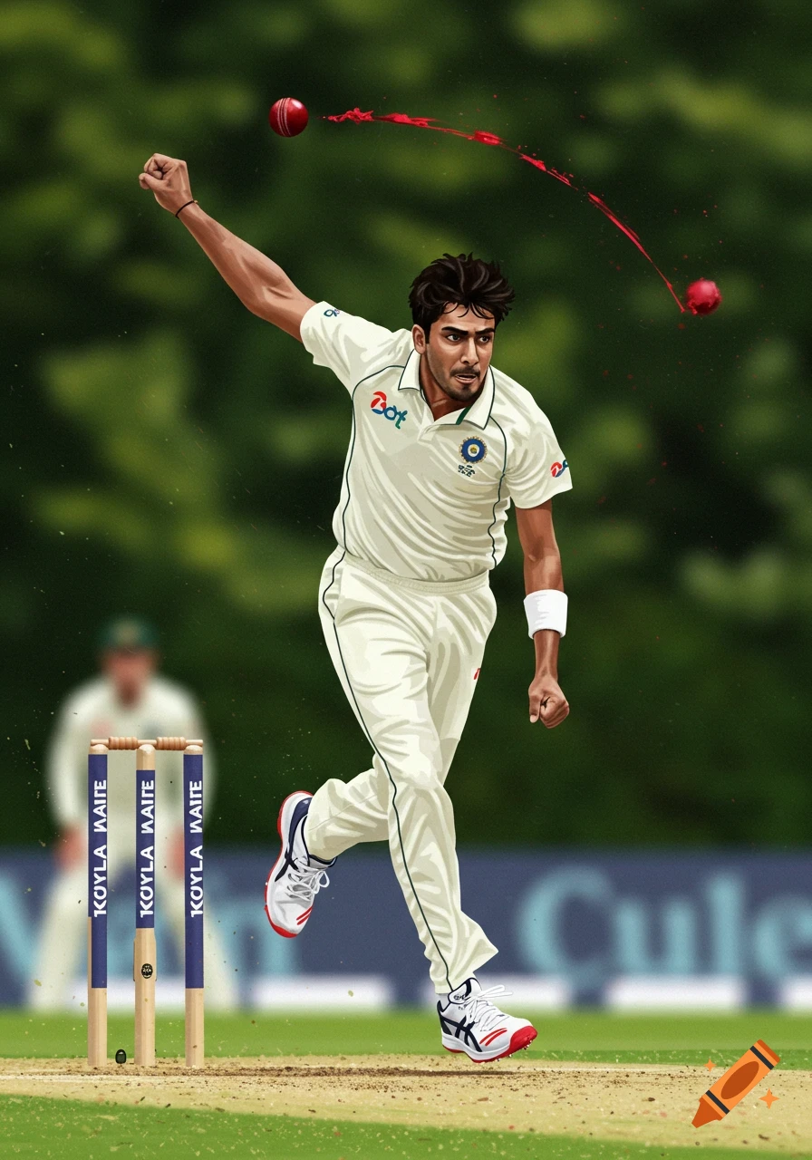 Illustration of a cricketer bowling a red ball with streaks of motion.