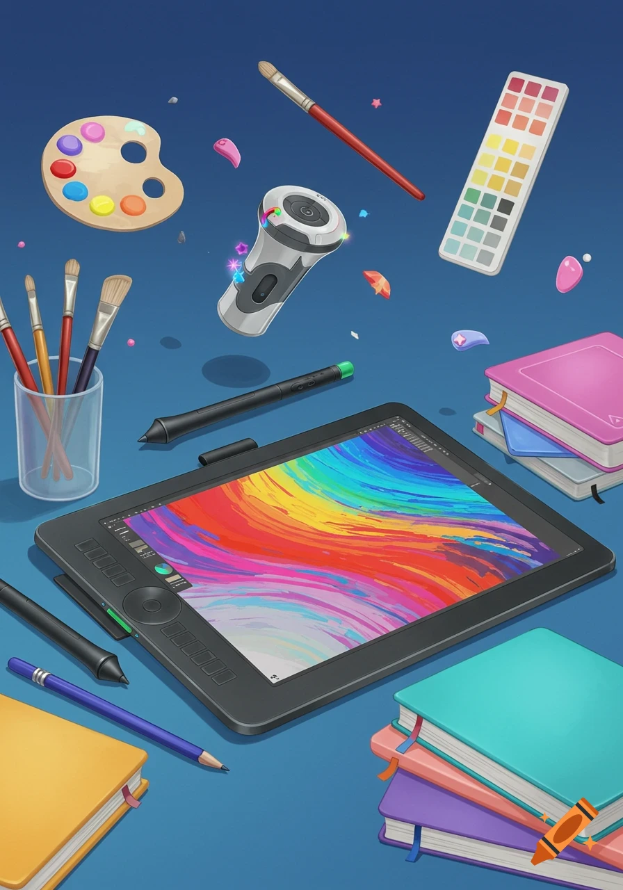 Stylized illustration of art supplies including a drawing tablet with colorful screen, paint brushes, palette, stylus pens, and books on a blue surface.