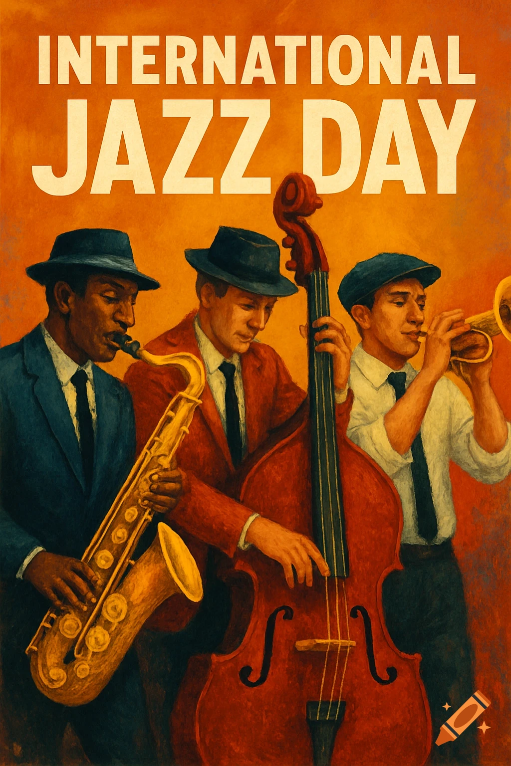 Poster of three jazz musicians playing saxophone, bass, and trumpet under the text International Jazz Day.