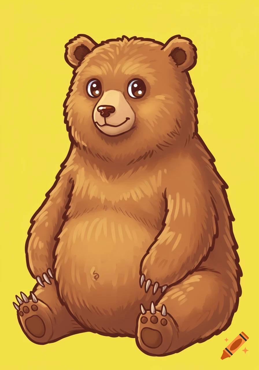 A cartoon brown bear sits against a yellow background.