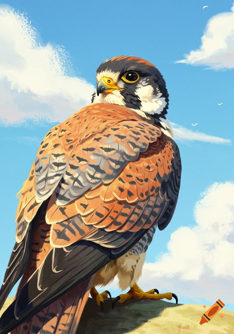 Digital painting of a falcon looking over its shoulder, set against a vibrant blue sky with white clouds.