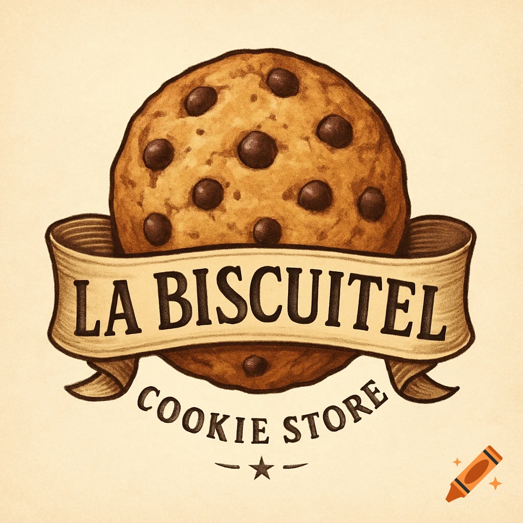 Logo design featuring a chocolate chip cookie with a banner across reading 'LA BISCUITEL' and 'COOKIE STORE' below.