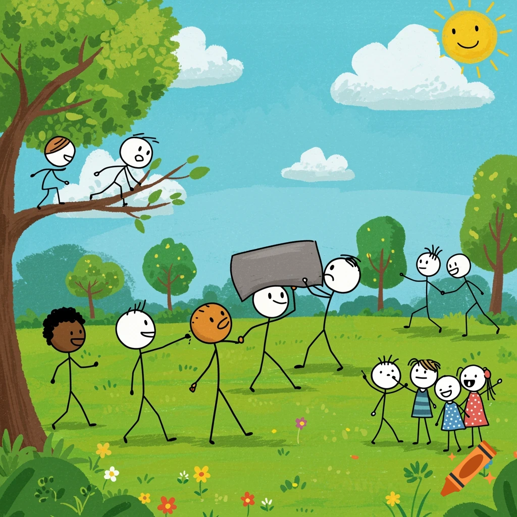 Stick figures playing and helping each other in a sunny park illustration.