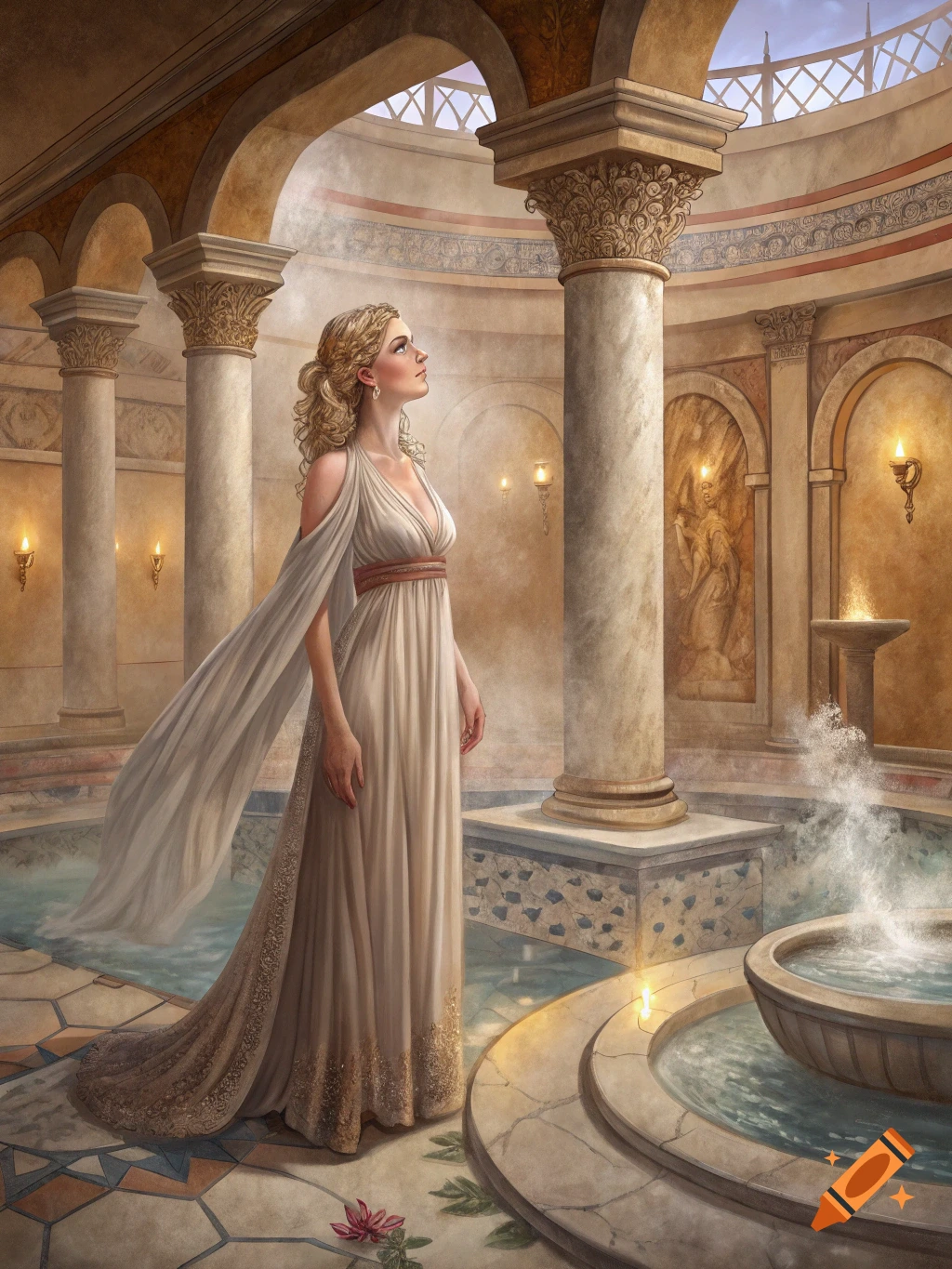 A woman in a long white dress stands in an ancient bathhouse with columns and fountains.