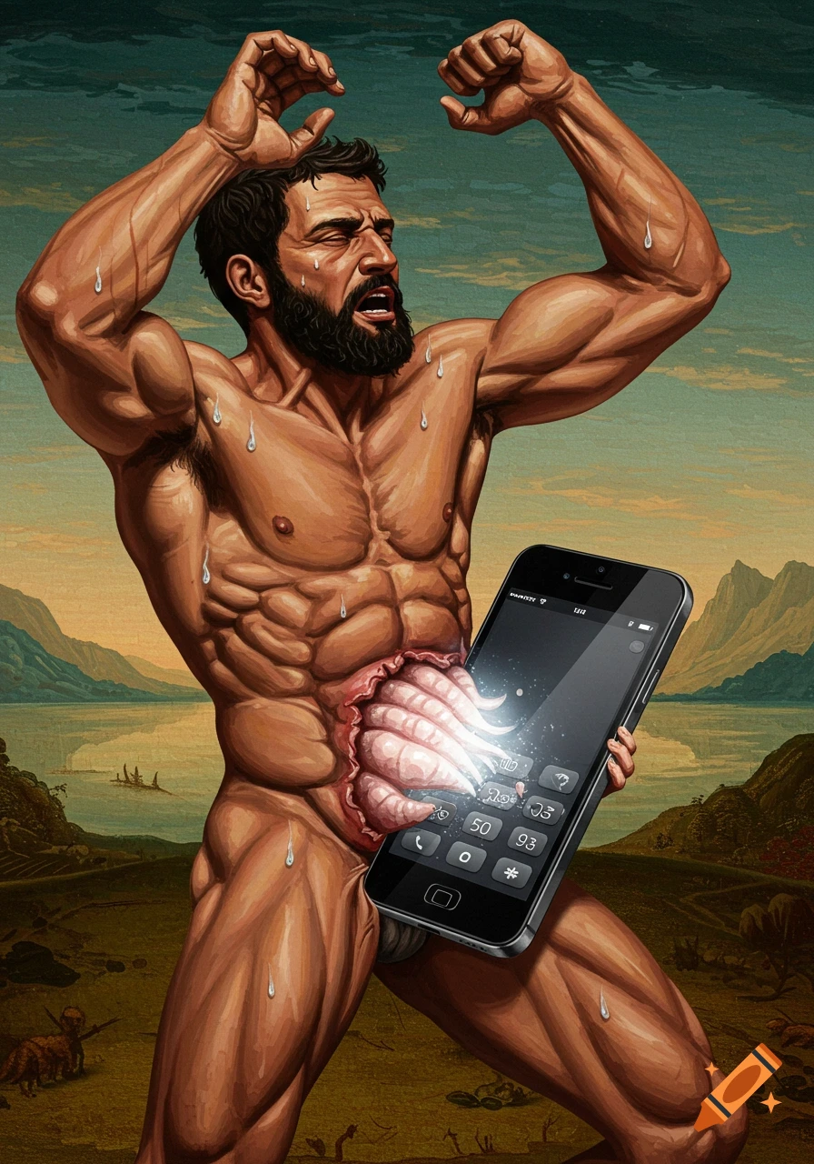 Classical painting style image of a muscular man with an iPhone bursting from his abdomen, against a landscape background.