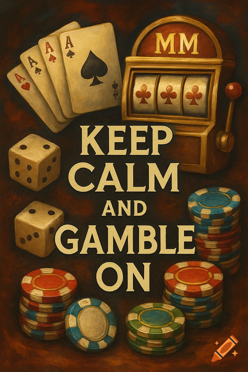 A painted illustration of gambling items including cards, dice, poker chips, and a slot machine, with the text "KEEP CALM AND GAMBLE ON".