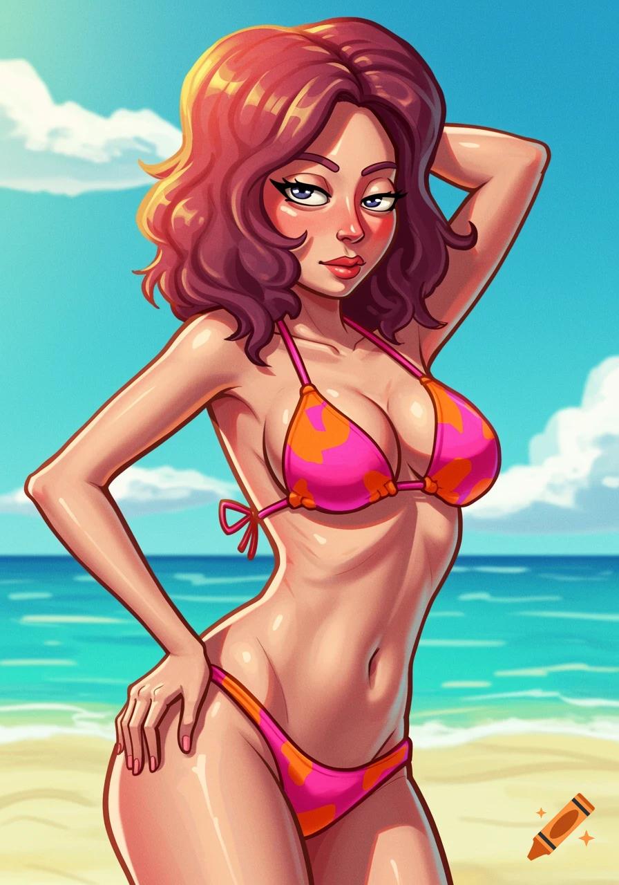Cartoon depiction of Summer from Rick and Morty in a pink and orange bikini on a beach.