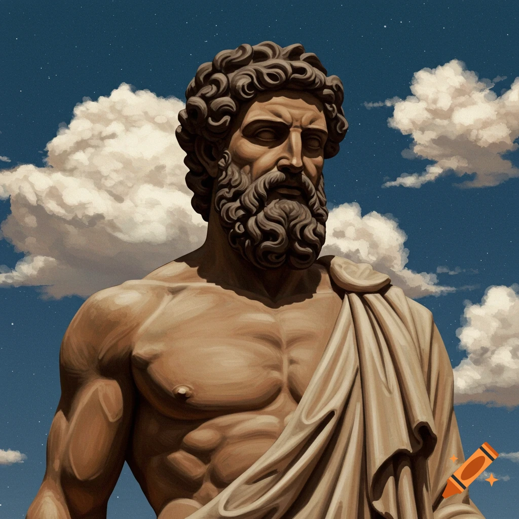 Muscular, bearded sculpture of a Greek god against a starry sky with clouds.