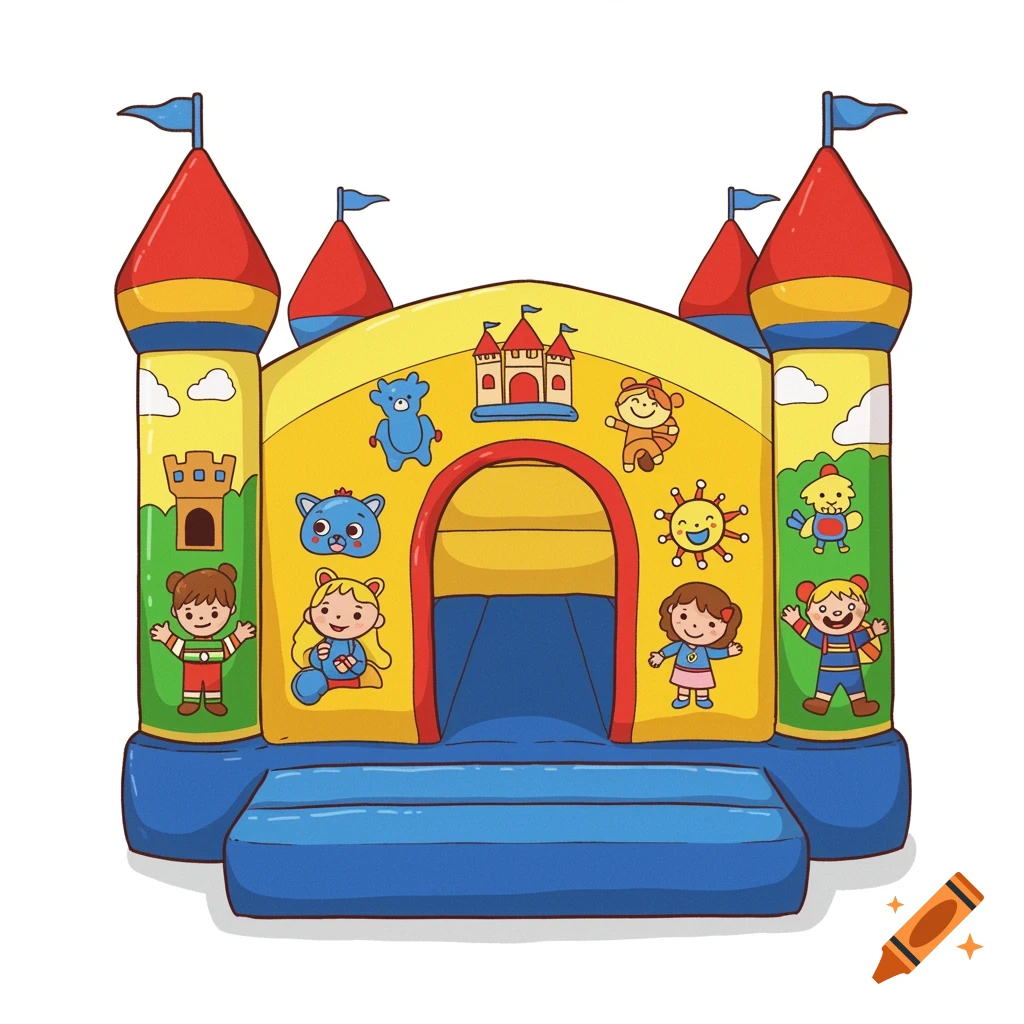 A cartoon illustration of a yellow and blue inflatable bouncy castle decorated with cartoon animals and children.