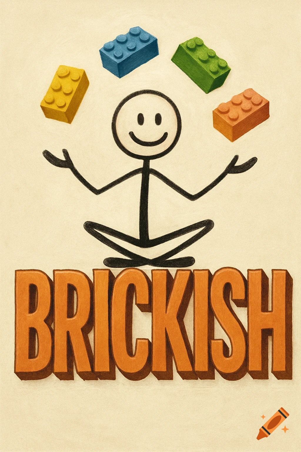 Stick figure meditating with four Lego bricks floating around its head above large orange letters spelling 'BRICKISH'.