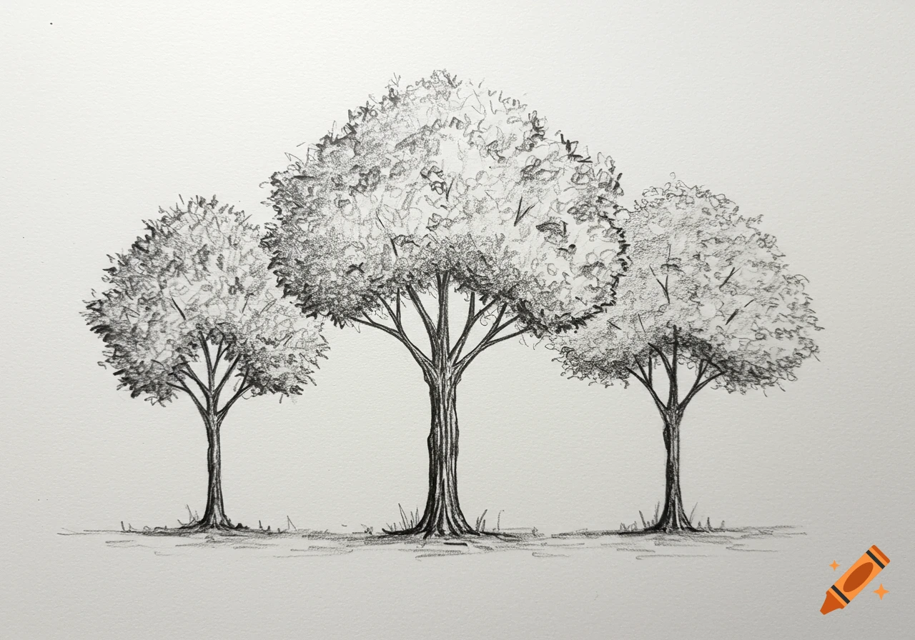 Sketch of three trees on white paper.