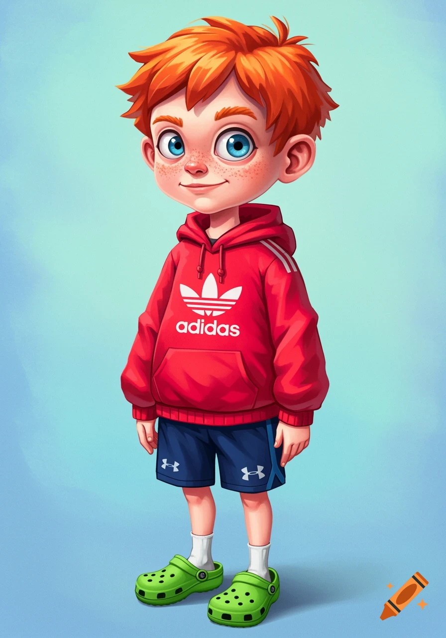 Cartoon illustration of a red-haired boy with freckles wearing a red hoodie, blue shorts, and green crocs.