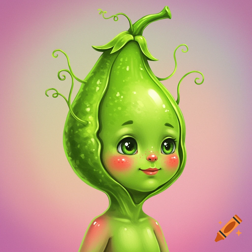 Cute cartoon character with a pea head and vine tendrils