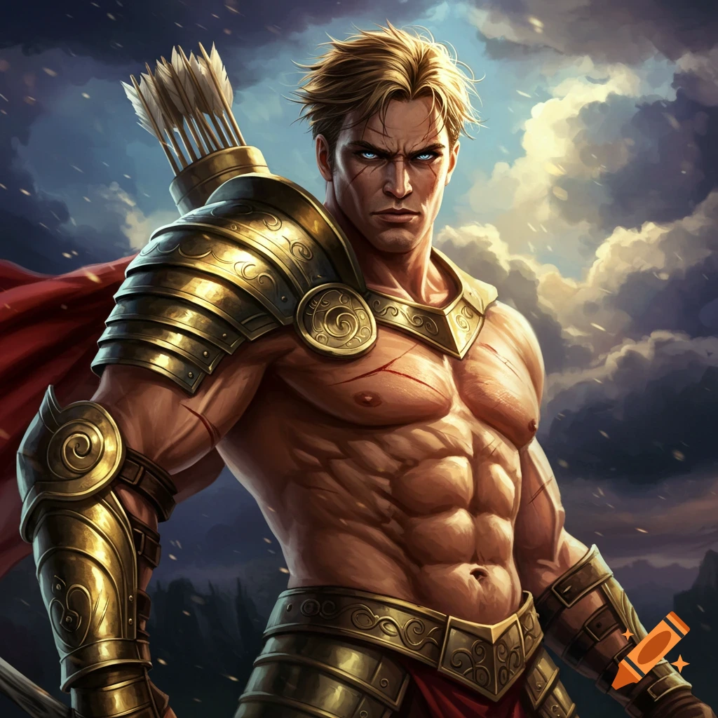 Muscular male archer in golden armor with red cape against cloudy sky, fantasy art style.
