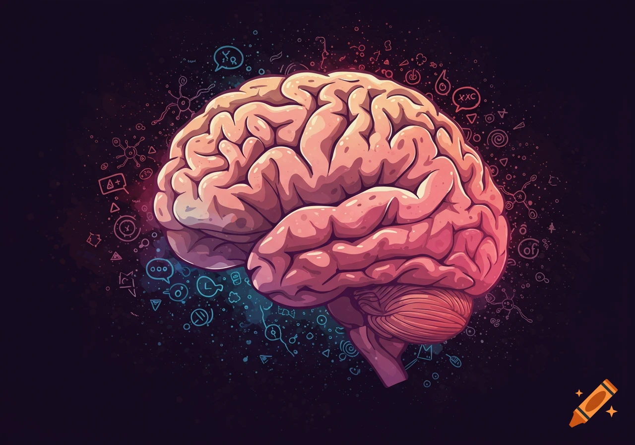 Illustration of a human brain surrounded by abstract symbols and doodles on a dark background.
