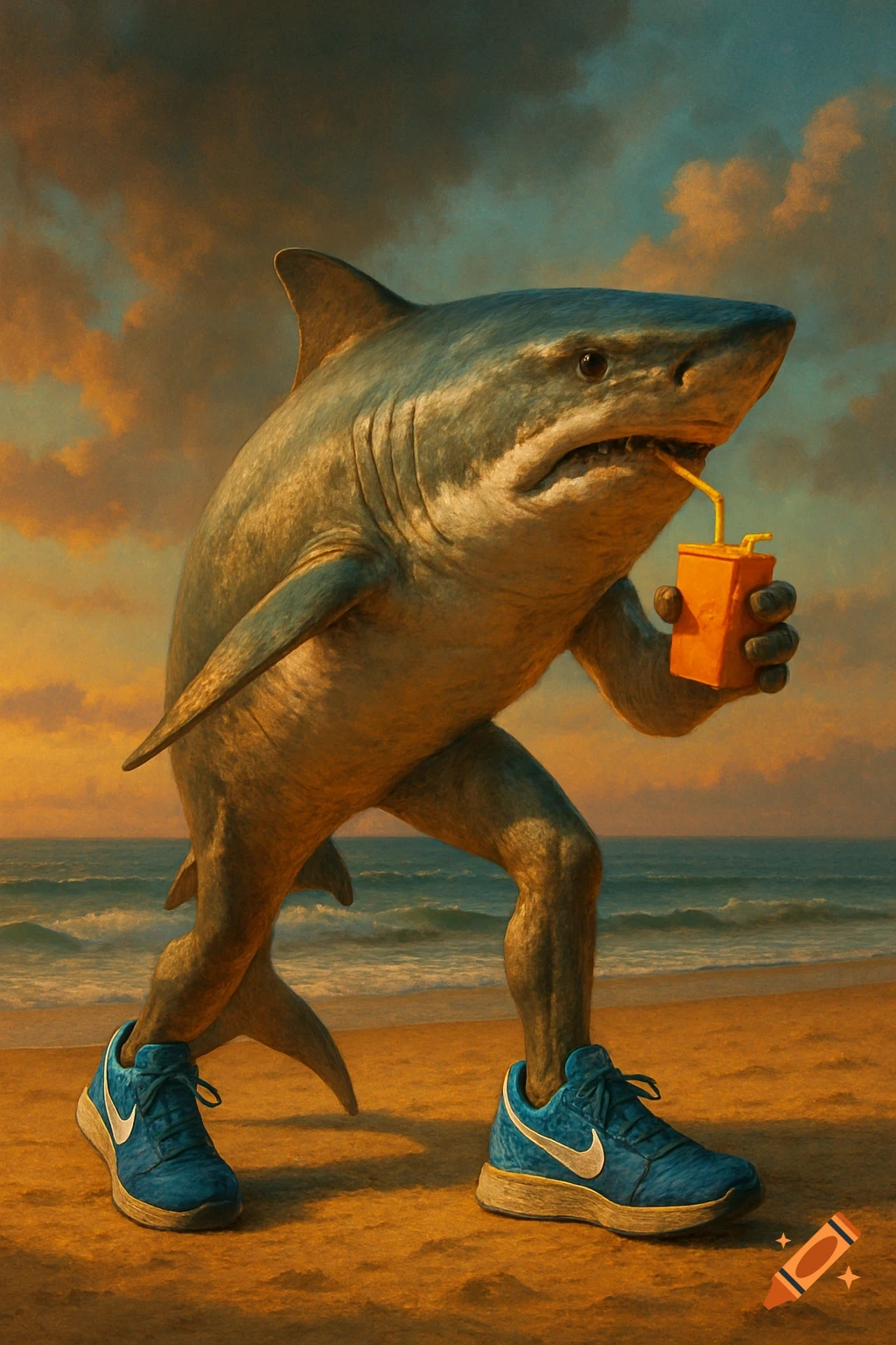 A surreal image of a shark with legs and arms walking on a beach, wearing blue sneakers and drinking juice.