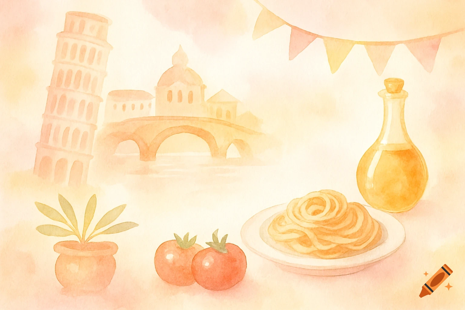 Watercolor painting of Italian scene with Leaning Tower, bridge, buildings, pasta, tomatoes, oil bottle, and bunting.