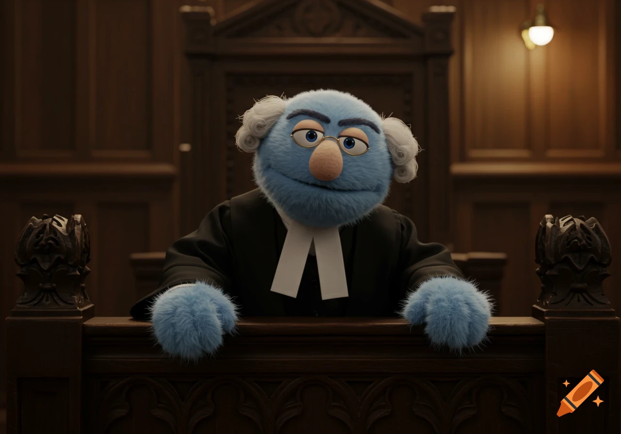 A blue puppet judge sits at a bench in a wood-paneled courtroom.