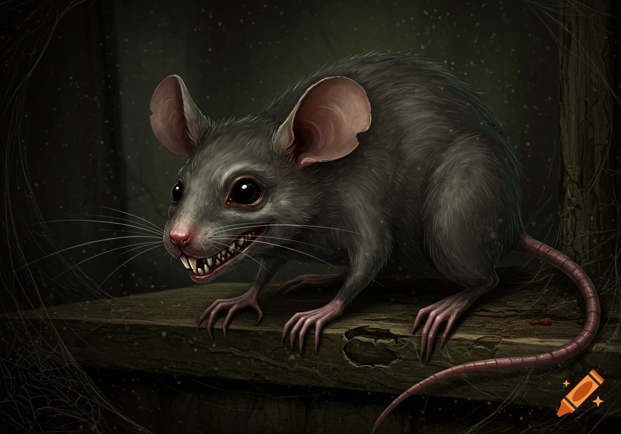 A creepy illustration of a mouse with large eyes and sharp teeth sits on a wooden surface.