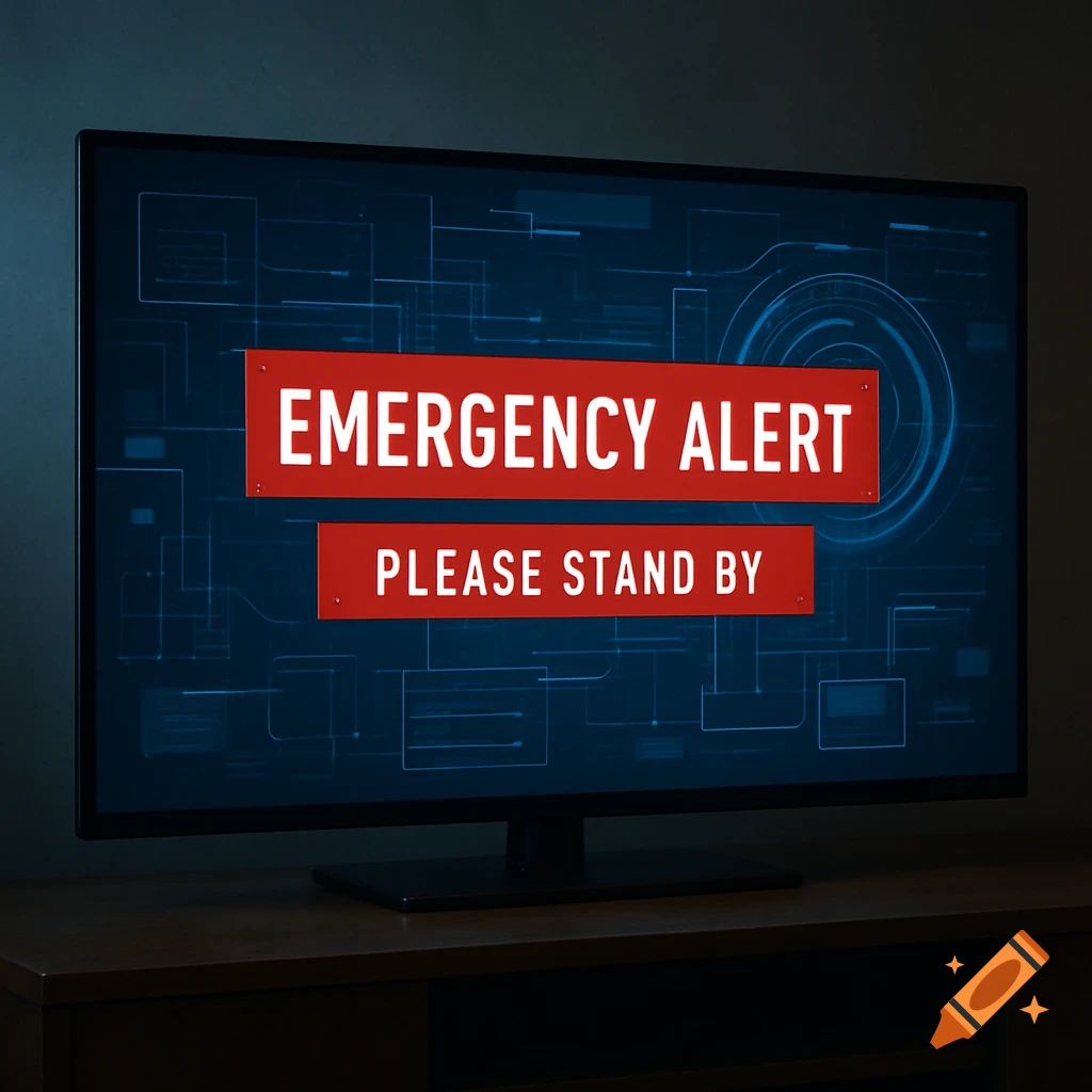 An emergency alert message on a TV screen.