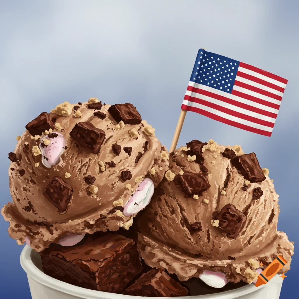 Illustration of two scoops of rocky road ice cream with brownies and crumbs in a cup, topped with an American flag.