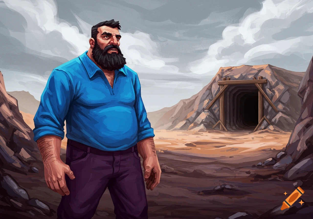 Illustration of a man with a beard standing near a mine entrance in a desert landscape.