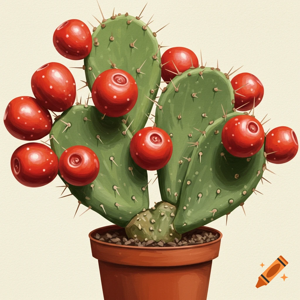 A painted prickly pear cactus with red fruits in a pot.