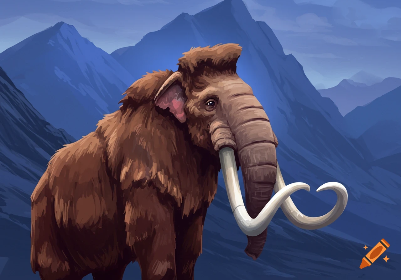 Hairy mammoth standing against blue mountains in an illustration.