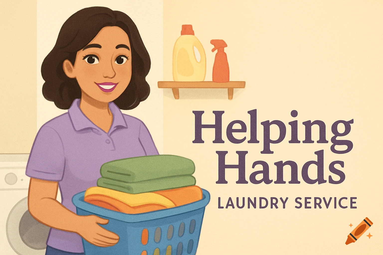 Cartoon of a woman holding a laundry basket with text "Helping Hands Laundry Service".