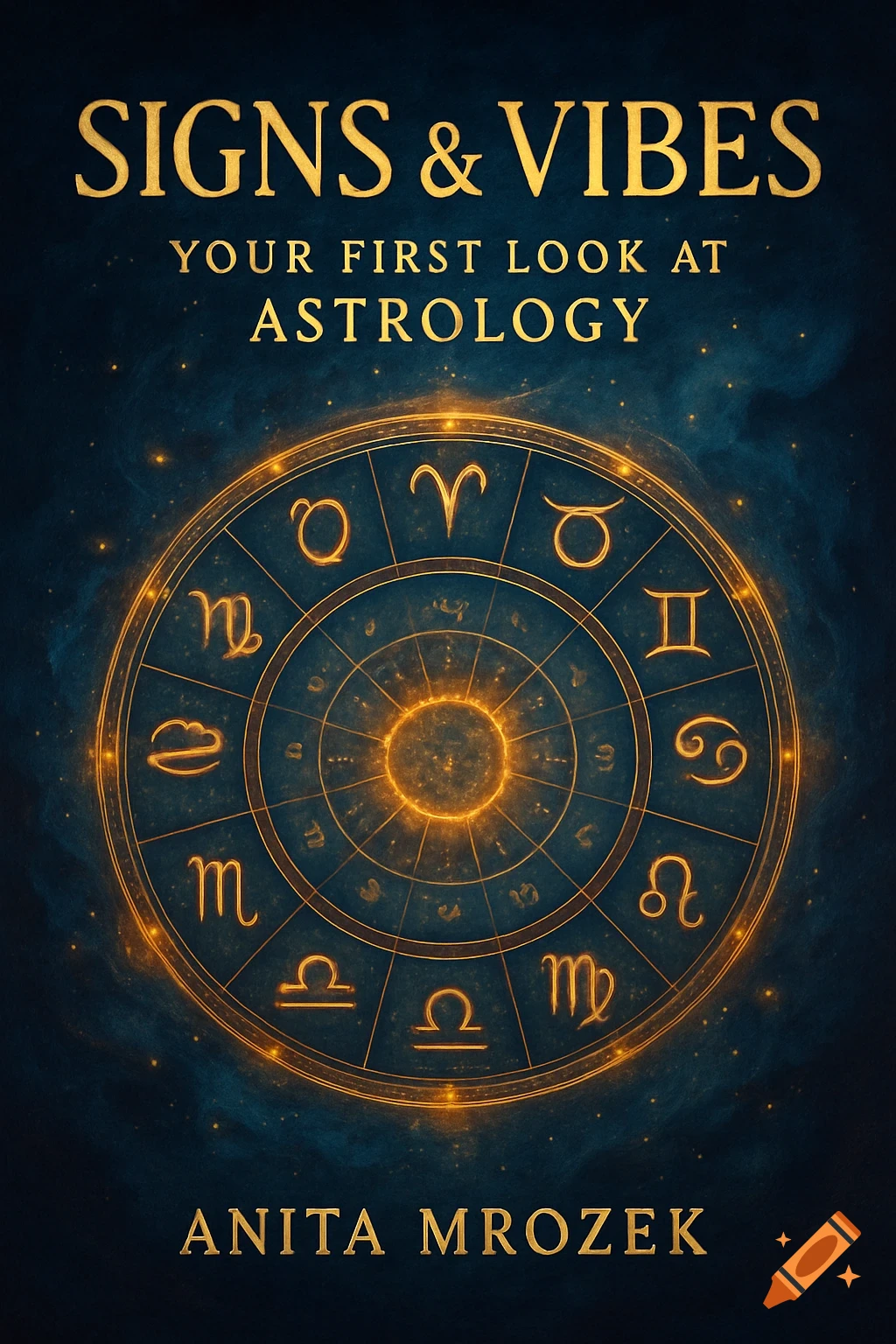 Book cover featuring a glowing gold astrological chart on a dark blue background with text SIGNS & VIBES and ANITA MROZEK.