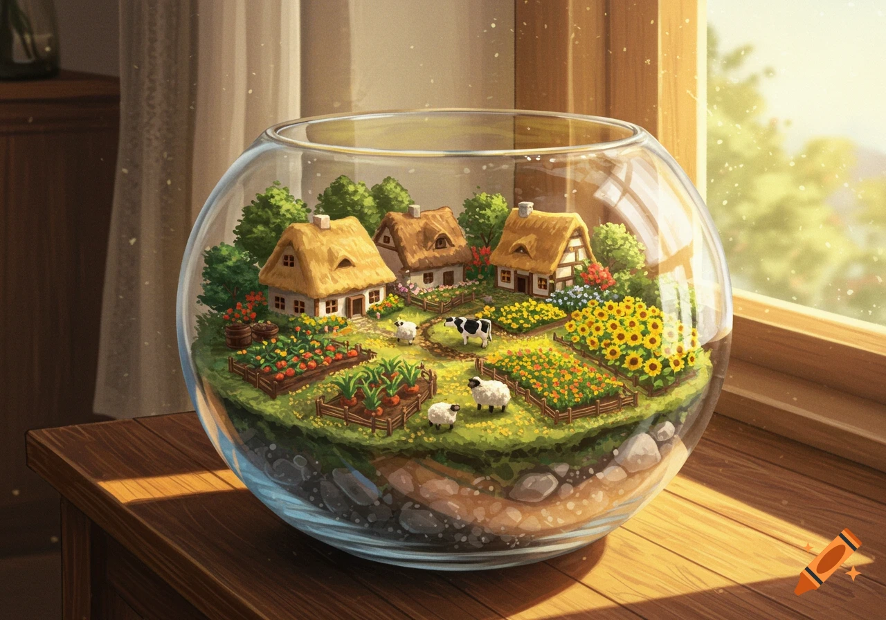 Miniature village and farms inside a glass bowl on a table by a sunny window