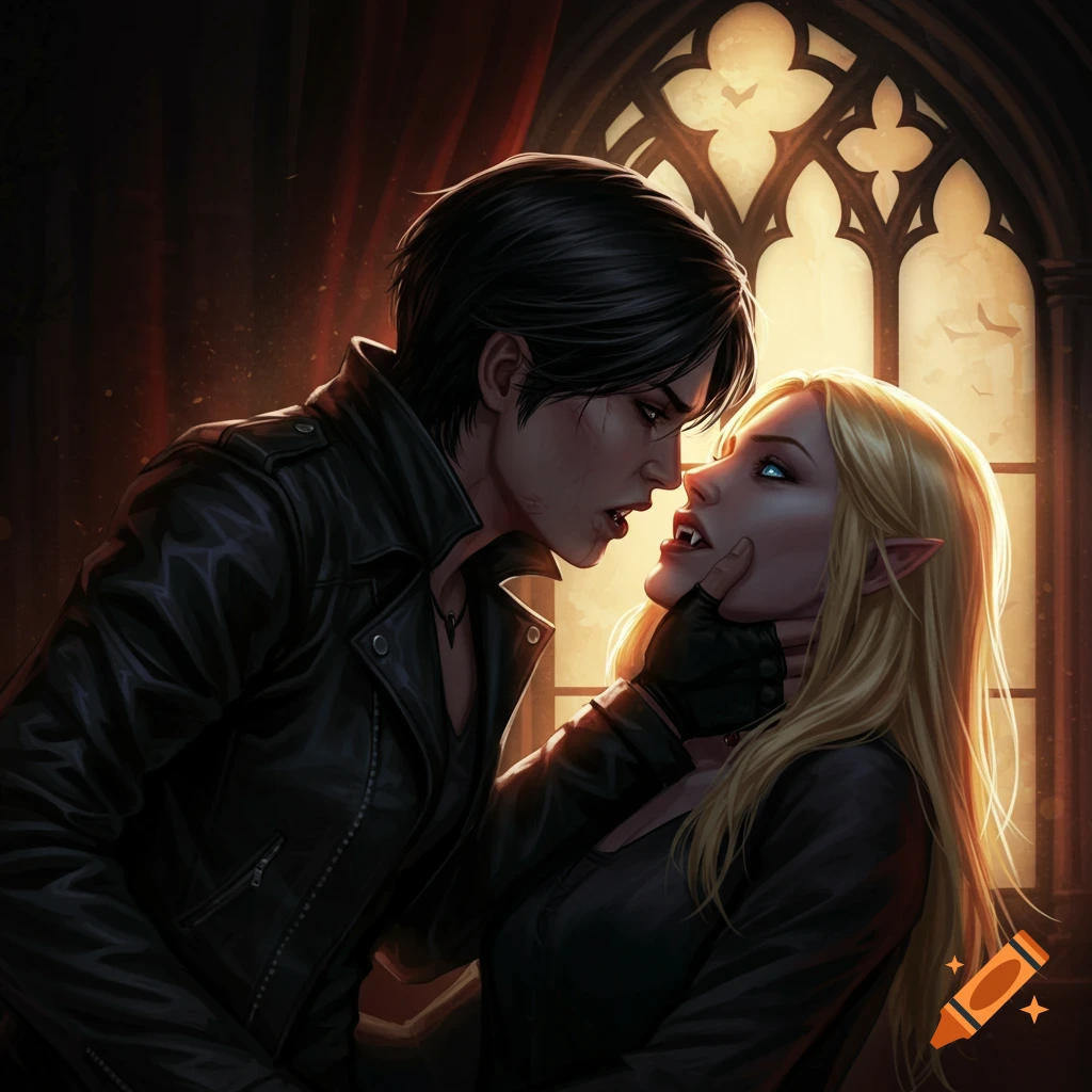 Dark-haired figure about to bite blonde vampire in front of gothic window.