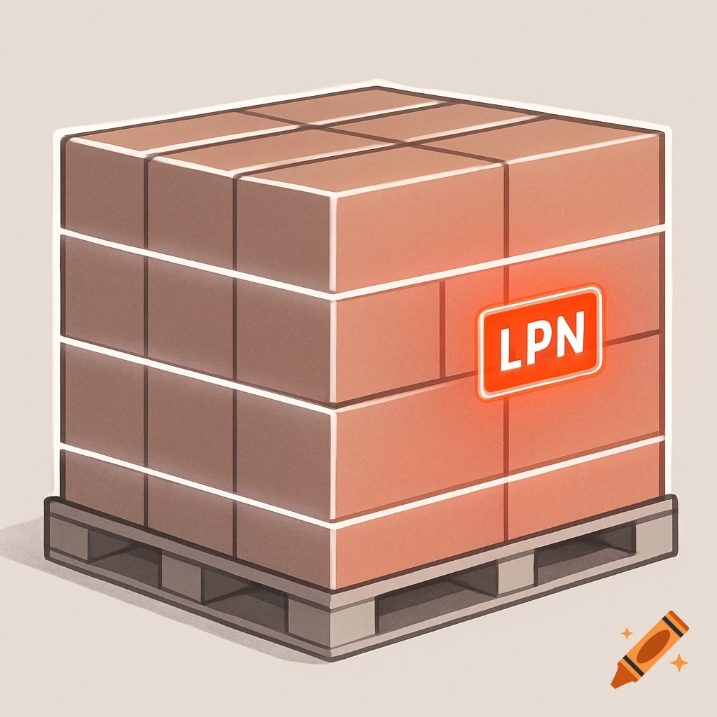 Illustration of a pallet stacked with boxes, featuring an LPN label and glowing layer outlines.