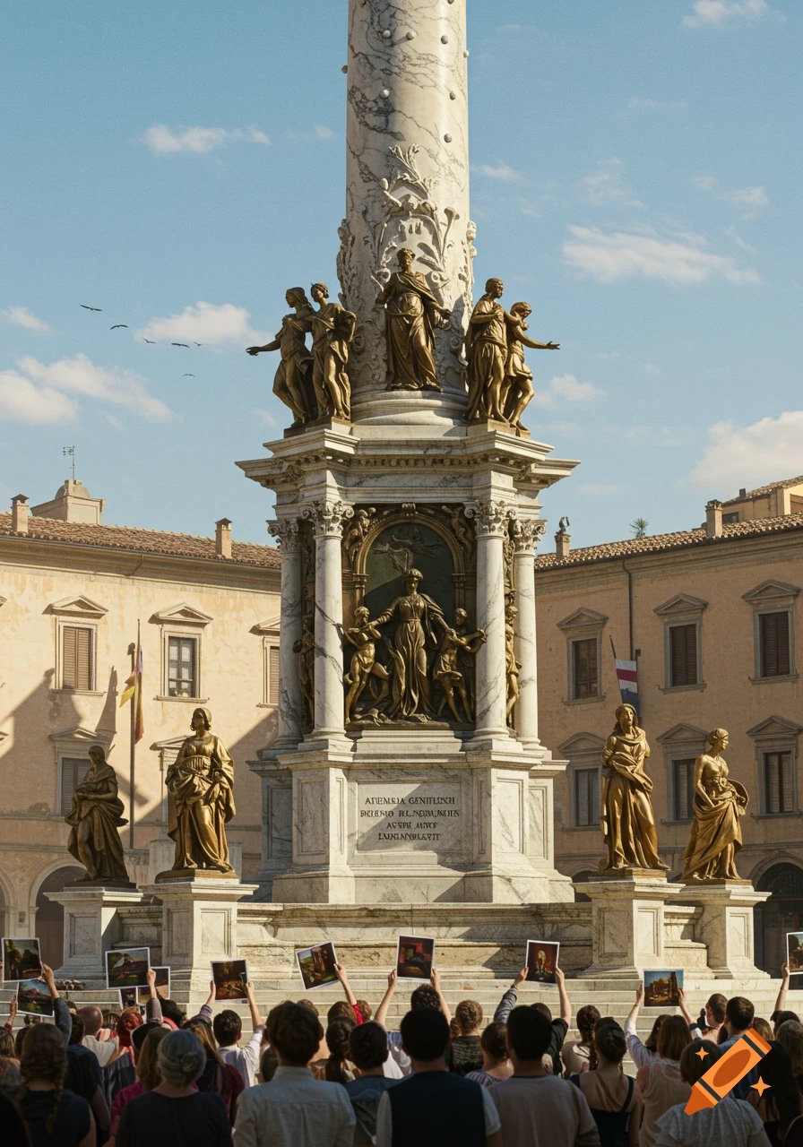 A large marble monument with bronze statues in a sunny square, viewed from behind a crowd holding up images.