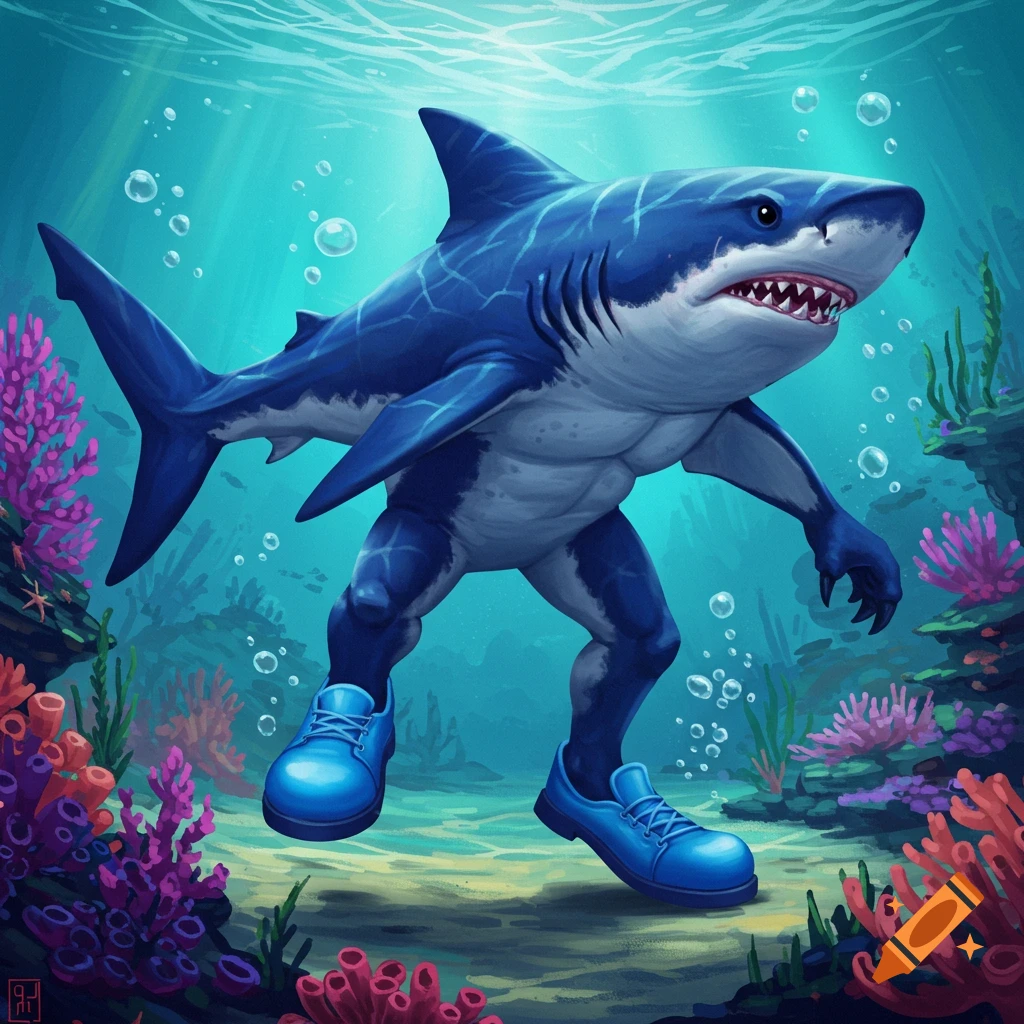 A shark creature with legs and arms, wearing blue shoes, walks on the ocean floor among coral.