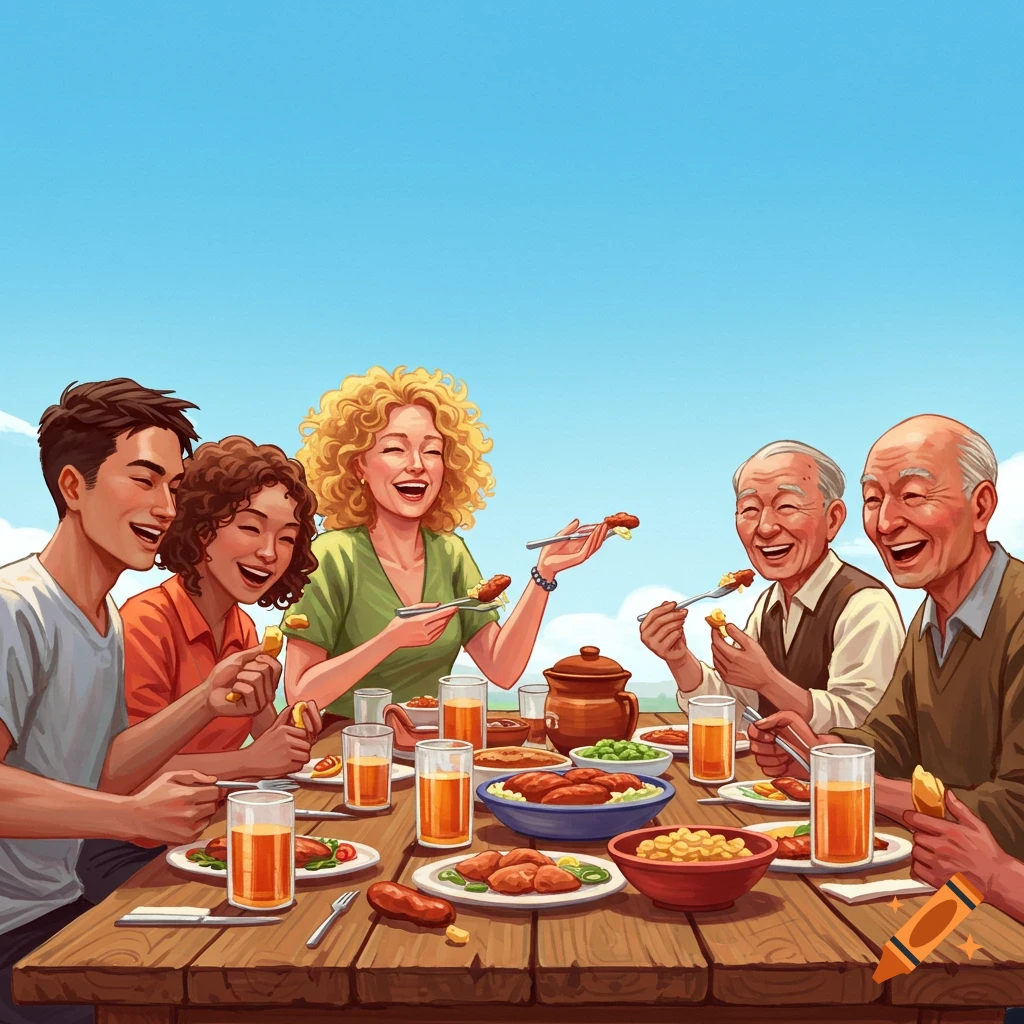 A diverse family is laughing and eating together at a picnic table under a blue sky in an illustration.